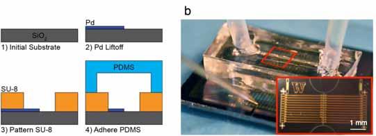 a b 1 mm Supplementary Figure 1 a) Scheme of microfluidic device fabrication by photo and soft lithography, (a1, a2) 50nm Pd evaporated on Si wafer with 100 nm Si 2 insulating layer and 5nm Cr as an