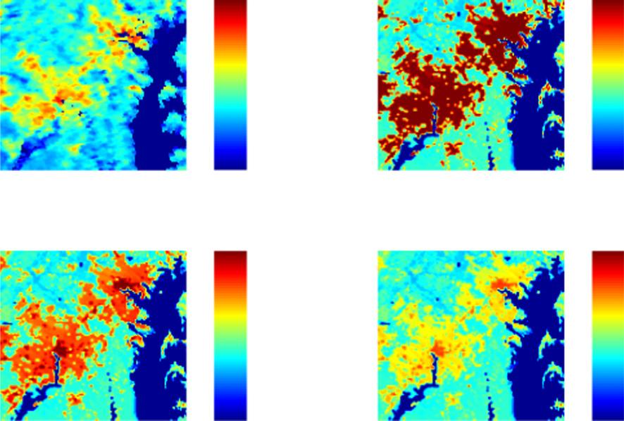 Figure 5. Similar to figure 2; land surface temperature (units: K) on 9 June 2008 at about 1255PM local standard time measured by (a) MODIS and produced by (b d) WRF.