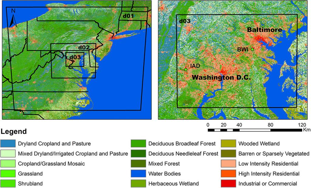 Figure 1. WRF set-up and land use/land cover maps over the Baltimore Washington Corridor. Simulation number Table 1. Basic configuration of the WRF simulations.