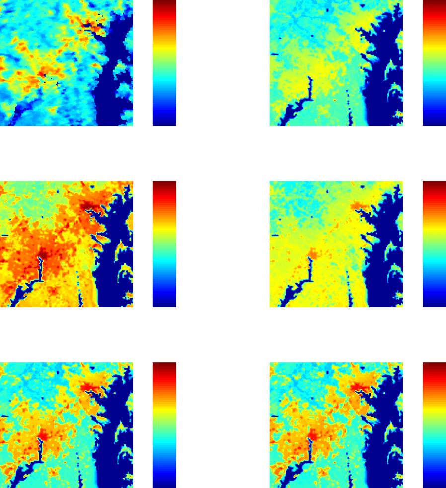 Figure 2. Land surface temperatures on 9 June 2008 at 1255PM local standard time from (a) MODIS and (b f) WRF simulations. (b) is case 5 in table 1.