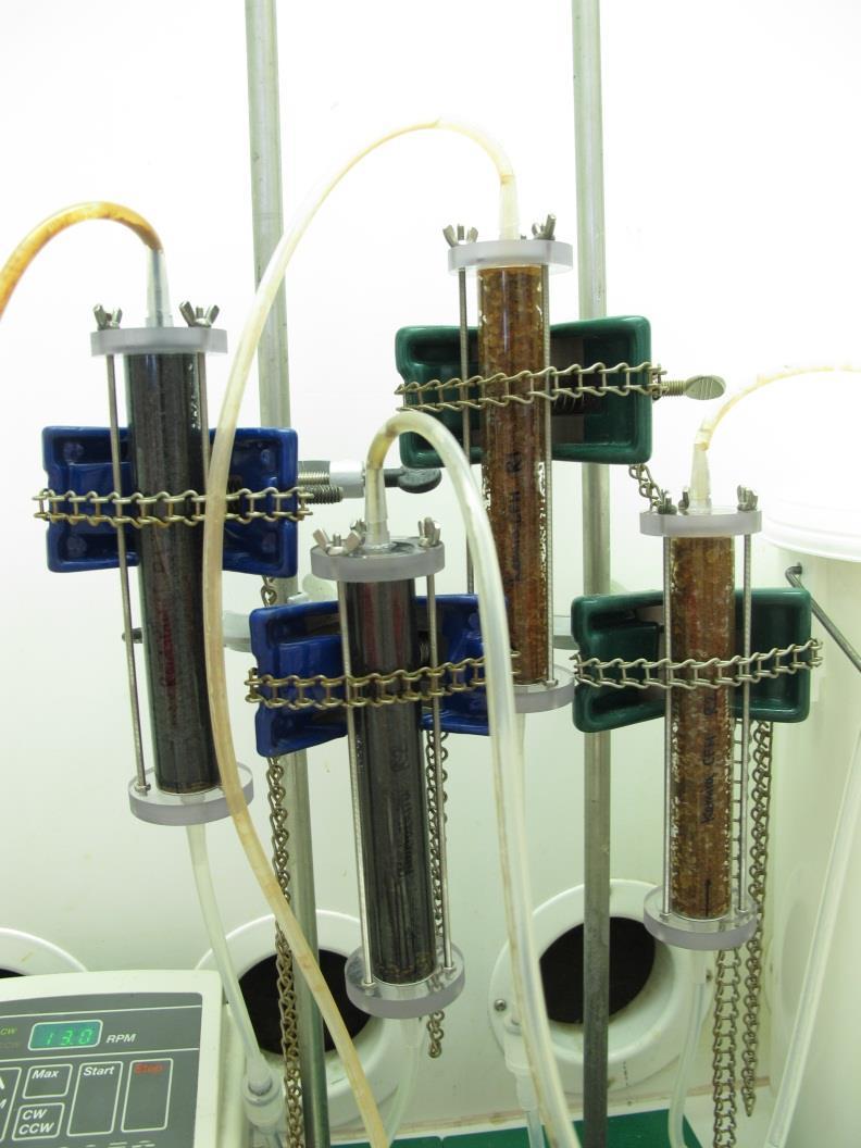 10 Column tests for As-removal Mine water with As concentration of 2 mg/l fed to two columns (initial 0,8 mg/l, spiked with As 5+ ) Artificial water spiked with As 5+ (2 mg/l) fed to two