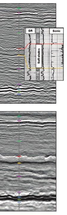 Away from the well calibration point, in the central part of the section, both the conventional and the broadband seismic data show a prominent relief structure corresponding to a channel
