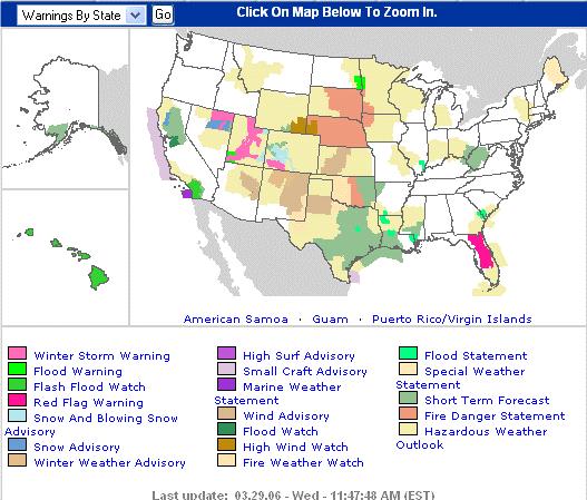 Figure 34. National Weather Service Warnings by State (60). At the heart of all of the information distributed by the NWS is a formalized lexicon of weather status.