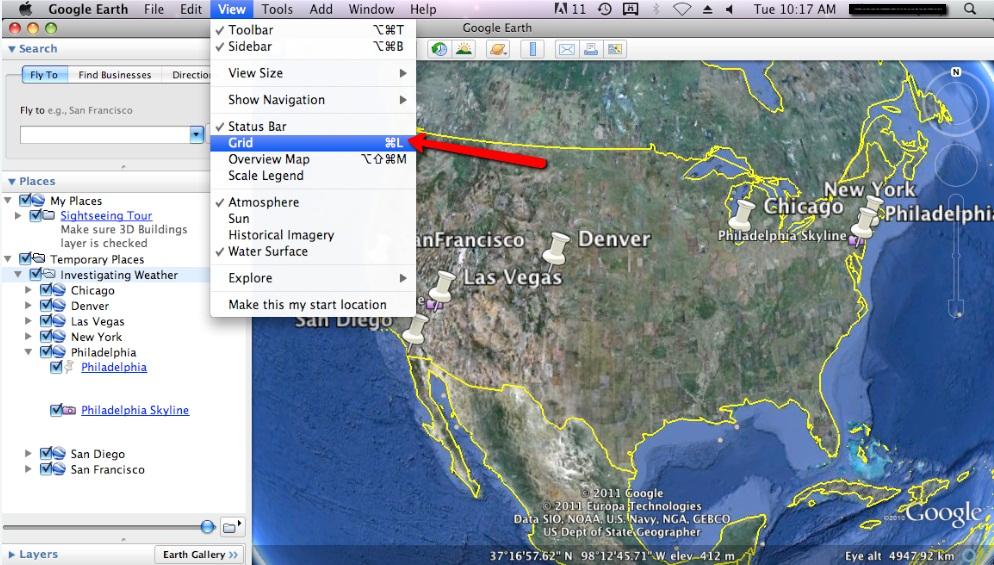 If the navigation controls are not visible click on View>Show Navigation>Always. Step 3: Interpreting climatographs You will explore annual temperature patterns in 7 different U.S. cities using climatographs in Google Earth.