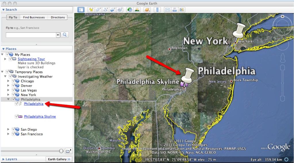 b. Double-click on Philadelphia in the Places window. Google Earth will zoom in to the ci