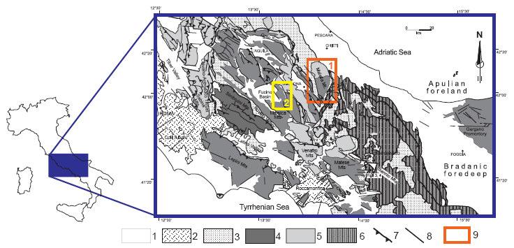 2 The study areas Figure 1: Simplified geological and structural map of the central Apennines.