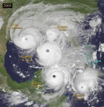 Composite satellite image below is of the intense hurricanes Dennis, Emily, Katrina, Rita and Wilma from different dates in 2005.