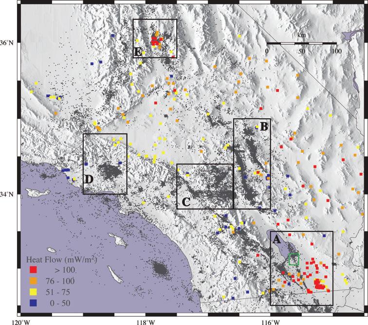 Aftershock productivities and regional conditions 483 Figure 1. A map view showing epicentre locations of M 2.