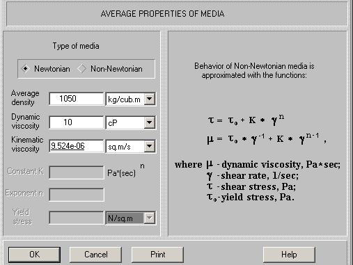 Figure 5. Input table of Average properties of media. 2. Defining of mixing power and shear characteristics.