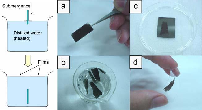 For resolution of these problems, we have developed a method for detaching VA-SWNT films from their substrates and re-attaching them to other non-heat-resistive surfaces, as we report in this Letter.
