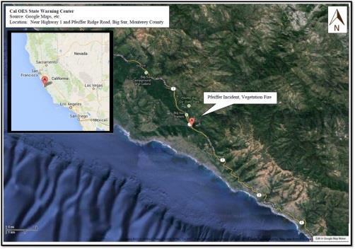 near Big Sur, CA (pop. 1,369) 10-20 homes destroyed; 200 primary residences threatened Mandatory evacs for approx.