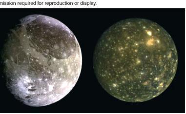 Ganymede and Callisto Look like our Moon with grayish brown color and covered with craters However, their surfaces are mostly ice whitish craters a very good indication of this Callisto may have
