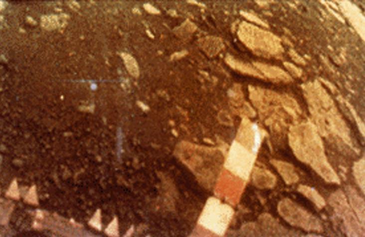 Venus Venera 13, March 1982 Venus is bright white because it is covered with clouds that reflect and scatter sunlight