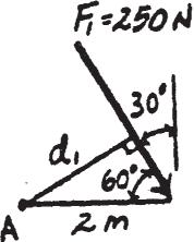 4 7. Determine the moment of each of the three forces about point A. F 1 250 N 30 A F 2 60 300 N 2 m 3 m 4 m The moment arm measured perpendicular to each force from point A is d 1 = 2 sin 60 = 1.