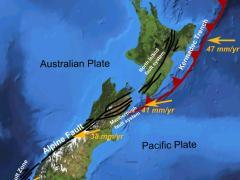 [20] Two tectonic plates push past each other along the Alpine Fault. What land feature can be seen alongside the Alpine Fault? Image: Mike Norton.