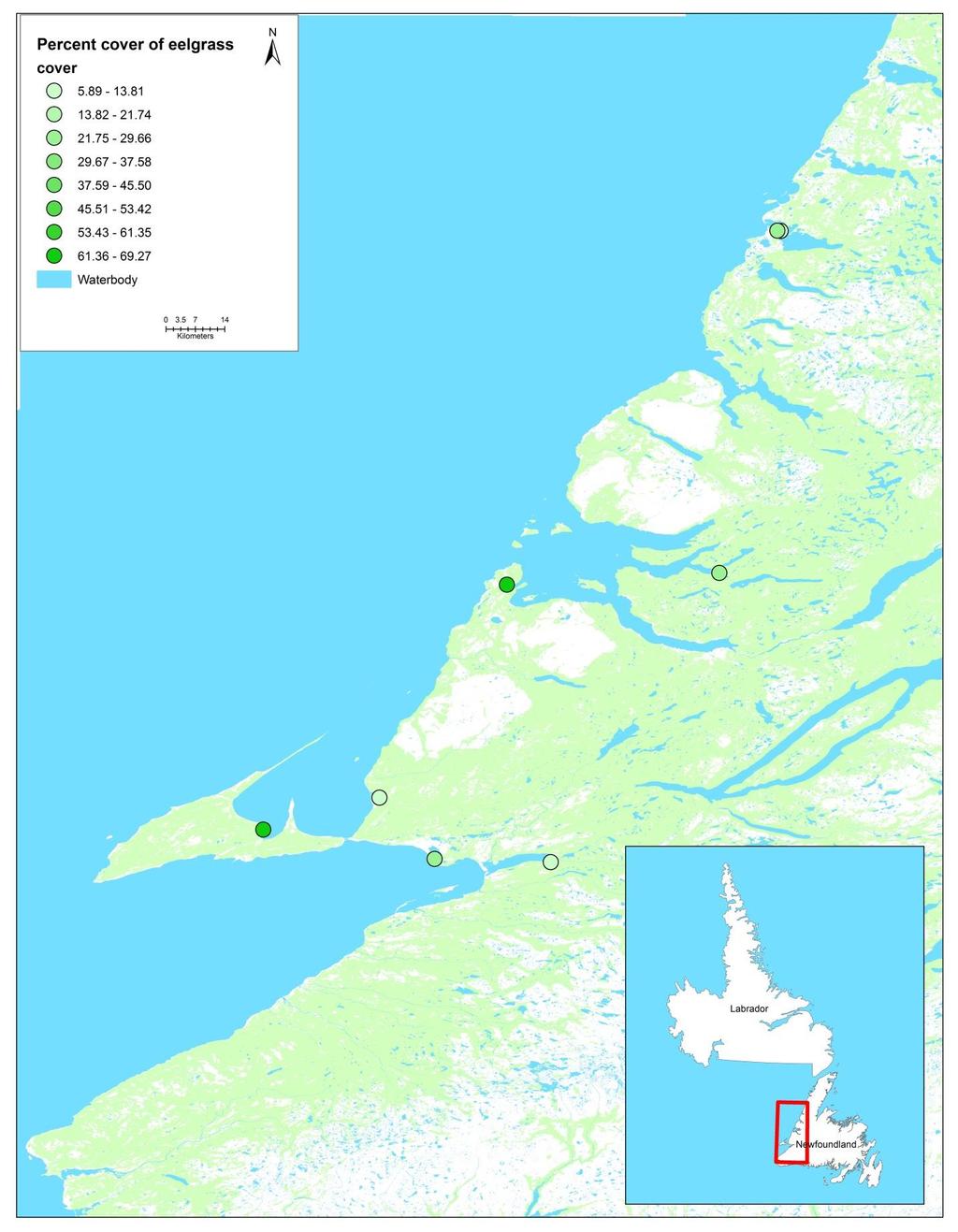 Figure 1: Geographic location and relative percent cover of eelgrass
