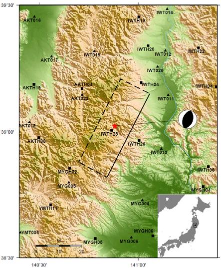 Fig. 1. The topographic map of the source region of the 2008 Iwate-Miyagi Nairiku earthquake. Inset shows studied area (black frame). Red star indicates epicenter of the mainshock determined by NIED.