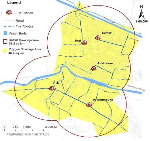 Assessment And Development of the Spatial Coverage of Fire Service in Nasiriyah City by Using Geographic Information Systems (GIS) this indicates that the coverage of the polygon service is more