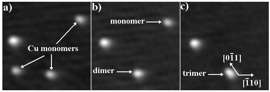 Figure 4.2 Assembly of a linear-chain trimer using the STM tip at 5 K. Starting with three Cu atoms, (a), the atom on the left was brought into contact with the middle atom, forming a dimer, (b).