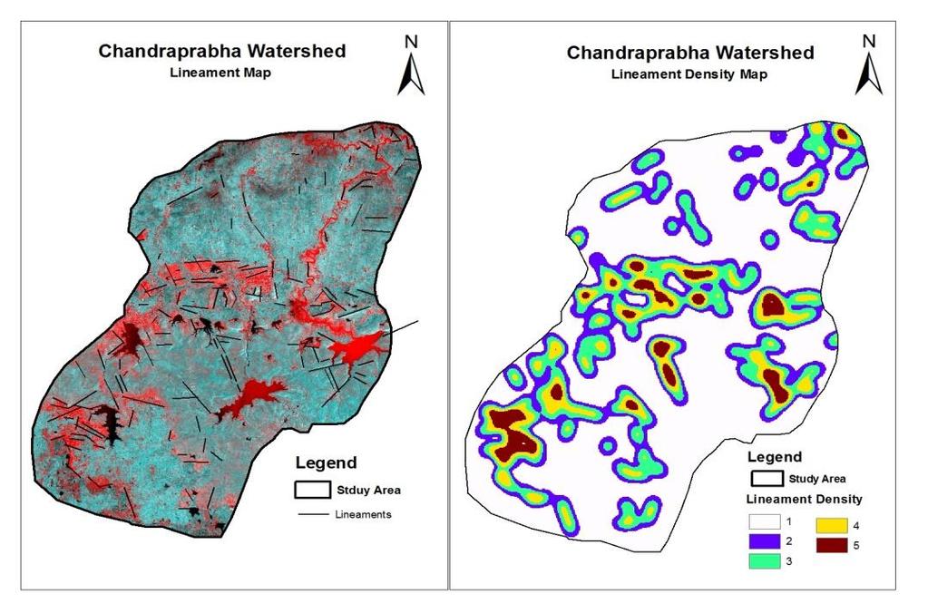 d) Lineaments Lineament analysis for ground water exploration in Chandraprabha formations has considerable importance as joints and fractures serve as conduits for groundwater movement.