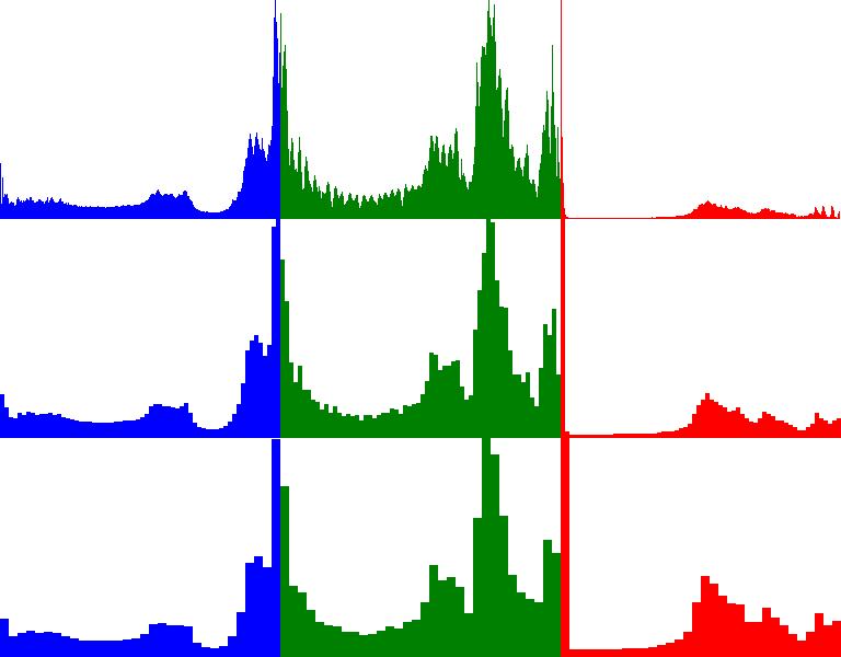 Slika 2. Primer histograma sa različitim brojem nijansa po boji. Prvi red ima 256, drugi 64 i treći 32 nijanse.