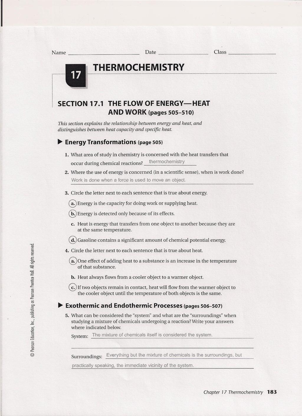 I Name _ Date _ Class _ THERMOCHEMISTRY SECTION 17.