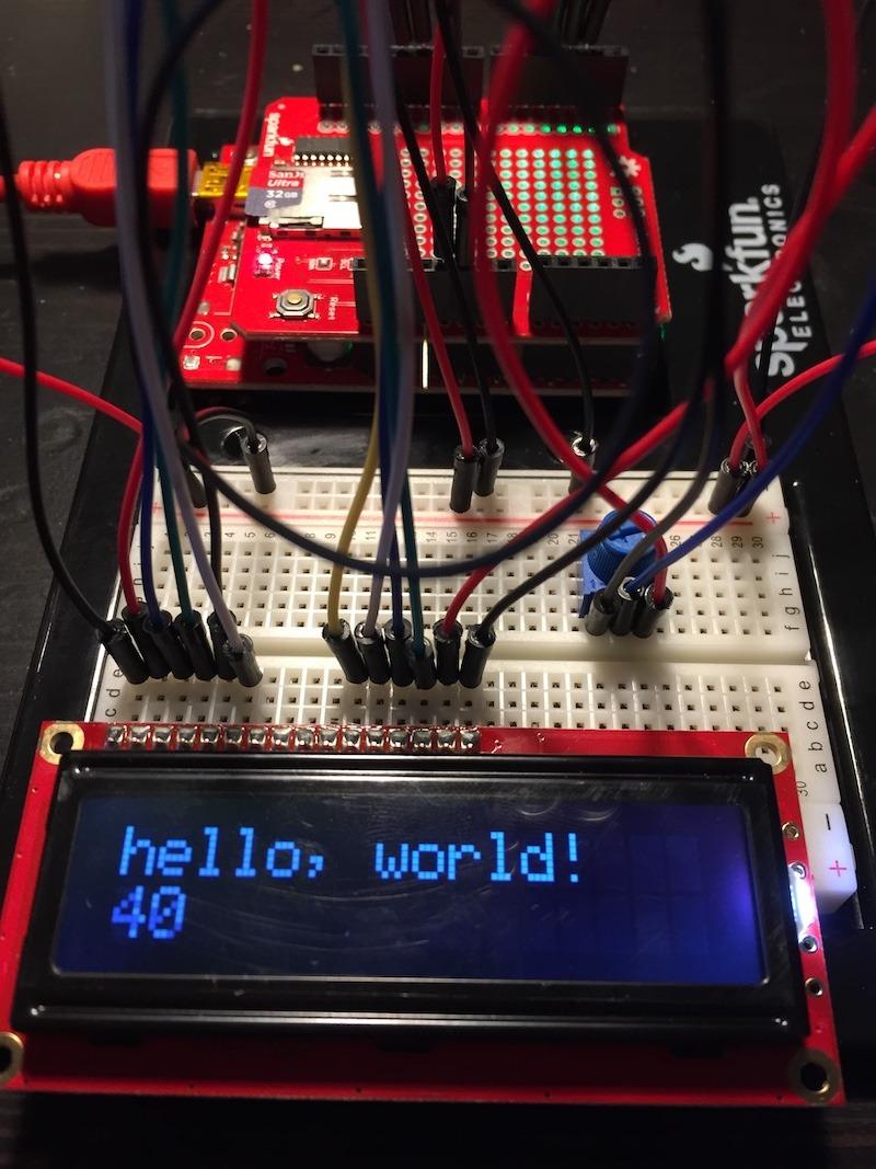 2.4 LCD Panel Data Display Using the code #15 from SparkFun Inventor s Kit code sample package, we are able to display a string of text onto the LCD panel as shown in Figure 26.