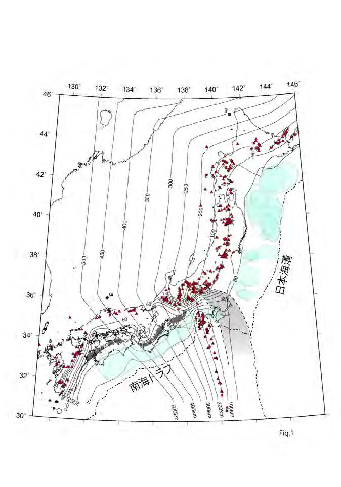 subduction of the Philippine Sea slab immediately above the Pacific slab. Fig. 1 Map showing isodepth contours of the upper surfaces of the Pacific and Philippine Sea plates.