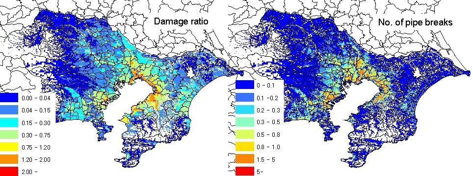 Fig. 7. Estimated damage ratio of water distribution pipelines and number of pipe breaks due a scenario northern Tokyo Bay earthquake. Fig. 8.