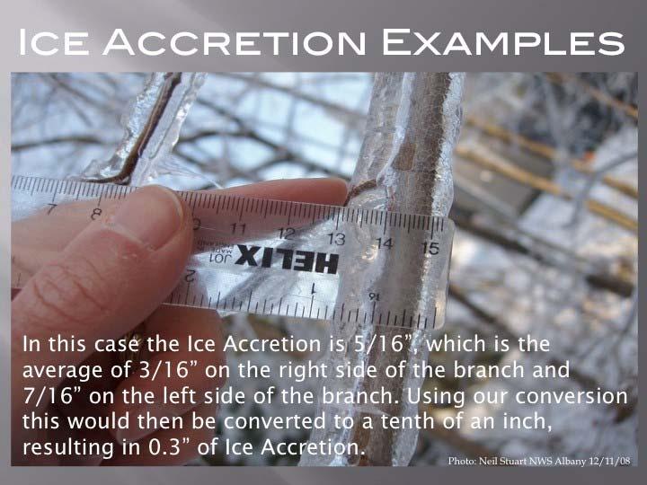 7 of 12 1/25/2016 4:34 PM In order to measure ice accumulation or accretion, CoCoRaHS suggests measuring branches or objects that have "glazed" over using a ruler, preferably an official CoCoRaHS
