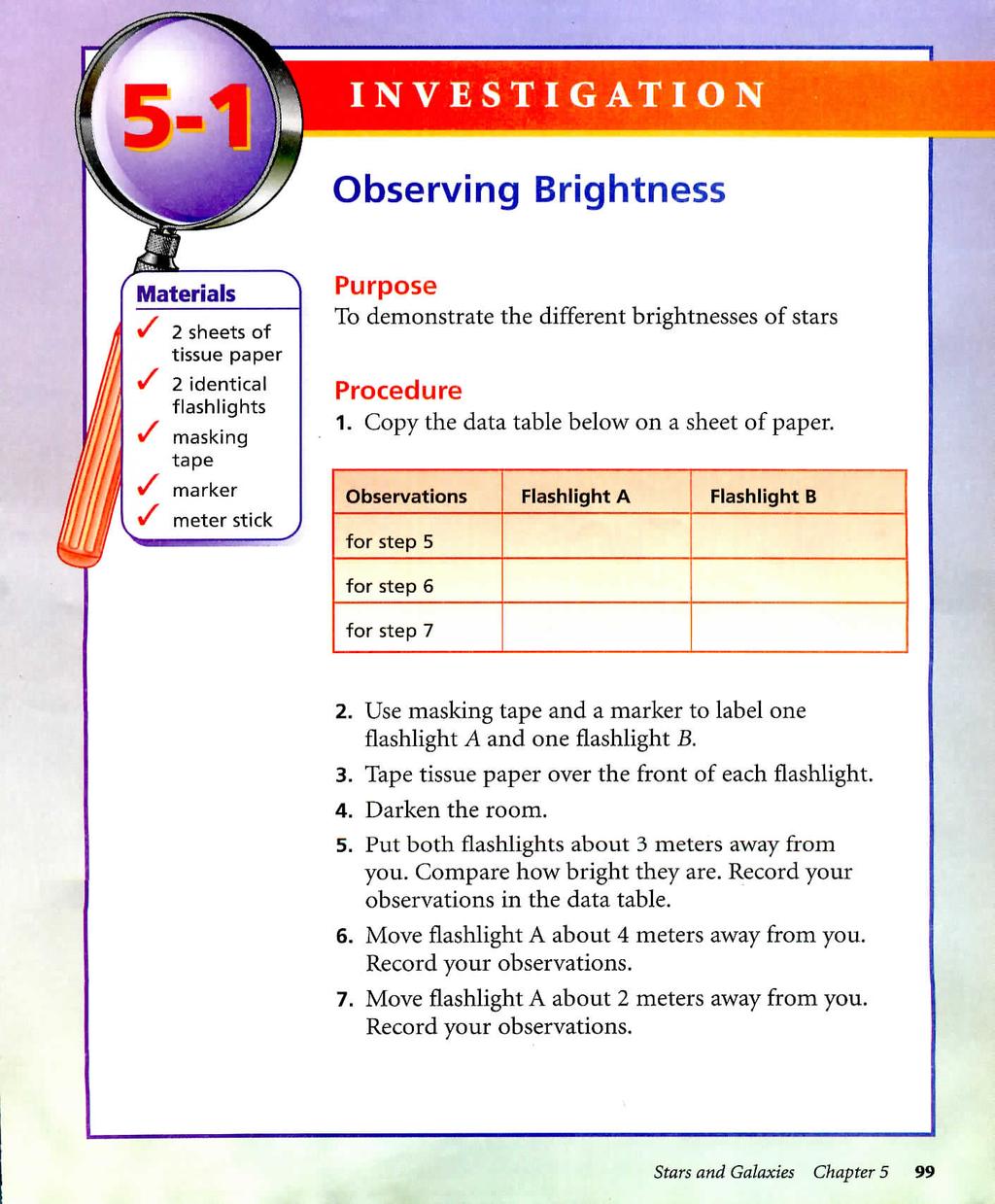 Observing Brightness v v 2 sheets of tissue paper 2 identical flashlights masking tape marker meter stick J Purpose To demonstrate the different brightnesses of stars Procedure 1.