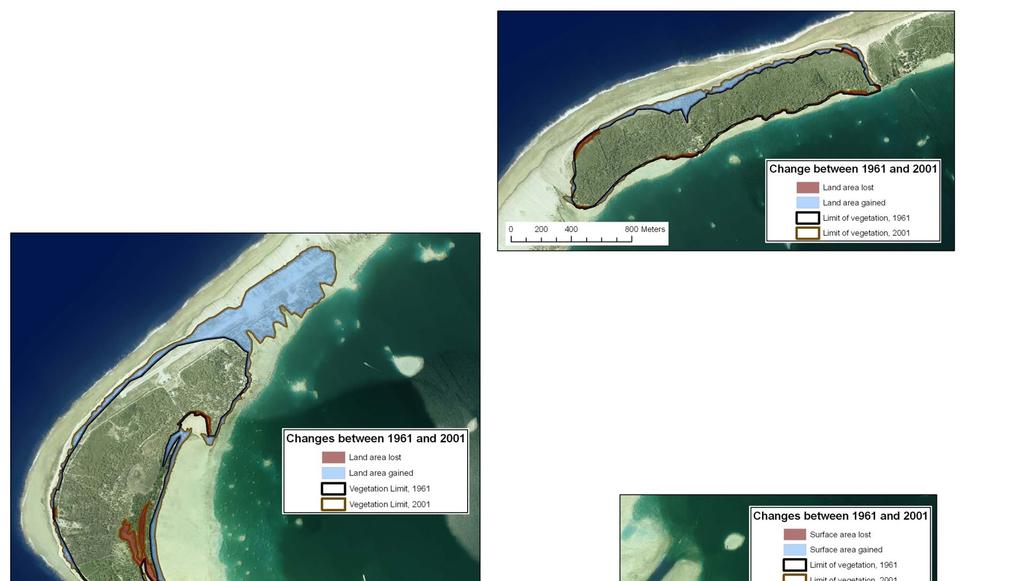 Changes in surface area of islands (1961 2001, Manihi) Motu 3 Motu 2 Motu Net change
