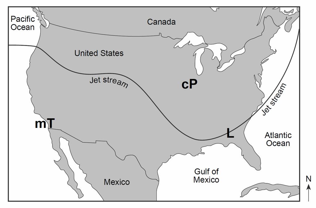 2. Base your answer to the following question on the map below, which shows the position of the jet stream relative to two air masses and a low-pressure center (L) over the United States.