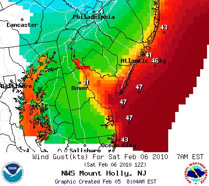On land, areas near Atlantic Coast may see wind gusts over 45 mph Best timing for