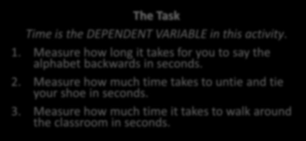 The Task Time is the DEPENDENT VARIABLE in this activity. 1.