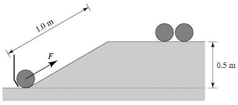 At the bowling alley, the ball-feeder mechanism must exert a force to push the bowling balls up a 1.0 m long ramp. The ramp leads the balls to a chute 0.