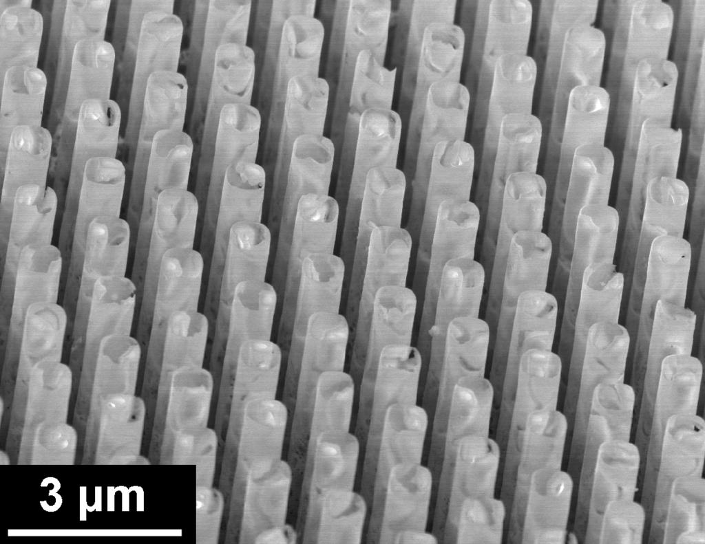 When the pore diameters of the template used decrease to a critical point, which is estimated to be around 100 nm, the nanoshell tubes become nanowires.