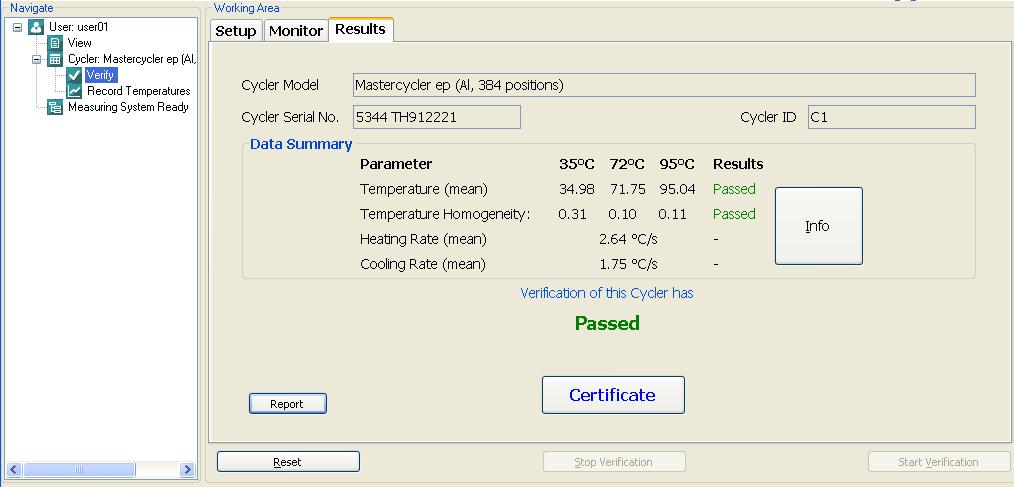 Eppendorf Temperature Verification System 6 Verifying a thermal cycler The Results tab is shown when the verification is completed.