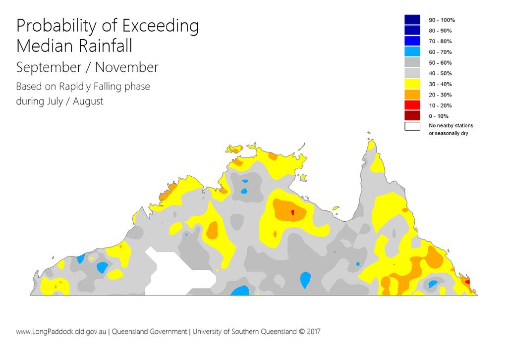 Figure 4: Northern Australia probability rainfall values, averaged over the three-month period September to November 2018 of being above the long-term median for this time of the year.