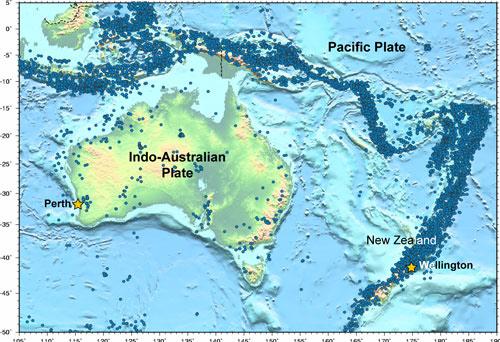 Zealand lies here, and New Zealand s seismicity is vividly illustrated in Figure 1. Australia, on the other hand, is a stable continent situated within the center of the Indo- Australian Plate.