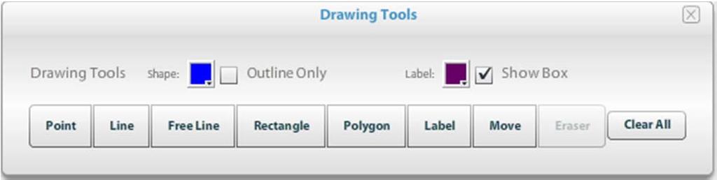 Annotation/Drawing Tools Brings up the menu that allows you to draw on your map adding lines, points, rectangles, polygons and labels. Click the X to close the drawing tools menu.