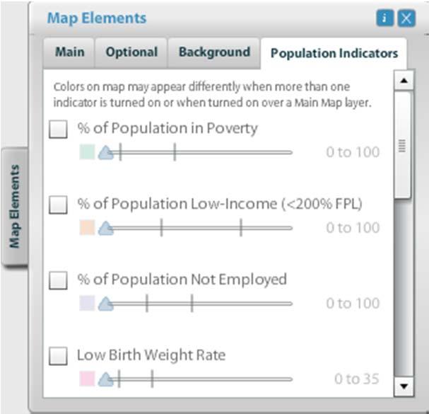 Topographic Population Indicators These slider bars allow users to adjust data thresholds and explore the impact of health indicators on local geographies.