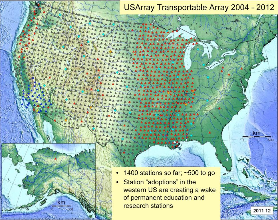 Figure 1 Full deployment map of the USArray TA network. Grey triangles represent stations that have been decommissioned.