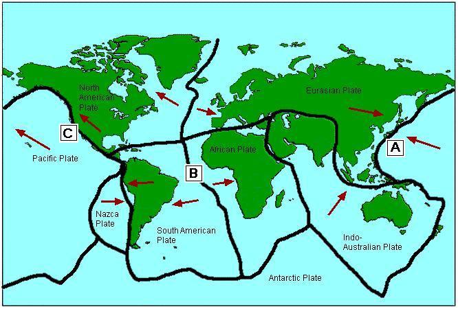 Section A 1. THE EARTH S CRUST The map shows some of the earth s crustal plate boundaries. Circle the correct option in each of the statements below.