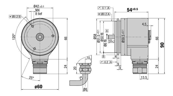 DRS /DRS, servo flange up to 8,2 Dimensional drawing servo flange radial Connector or cable outlet Protection class up to IP s TTL and HTL Zero-Pulse-Teach via pressing a