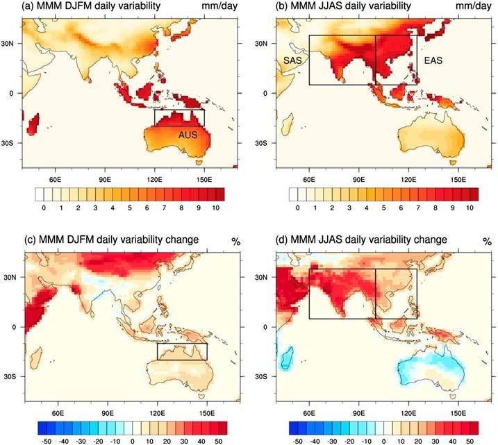 Model projections of future changes in variability Robust findings on changes in rainfall variability under enhanced warming (Brown et al, 2017): Example: daily variability Multimodel mean standard