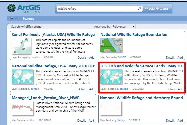 Review the datasets that match the search. Locate the "U.S. Fish & Wildlife Service Lands May 2010 dataset in the results. (You may need to scroll down awhile to find it). c.