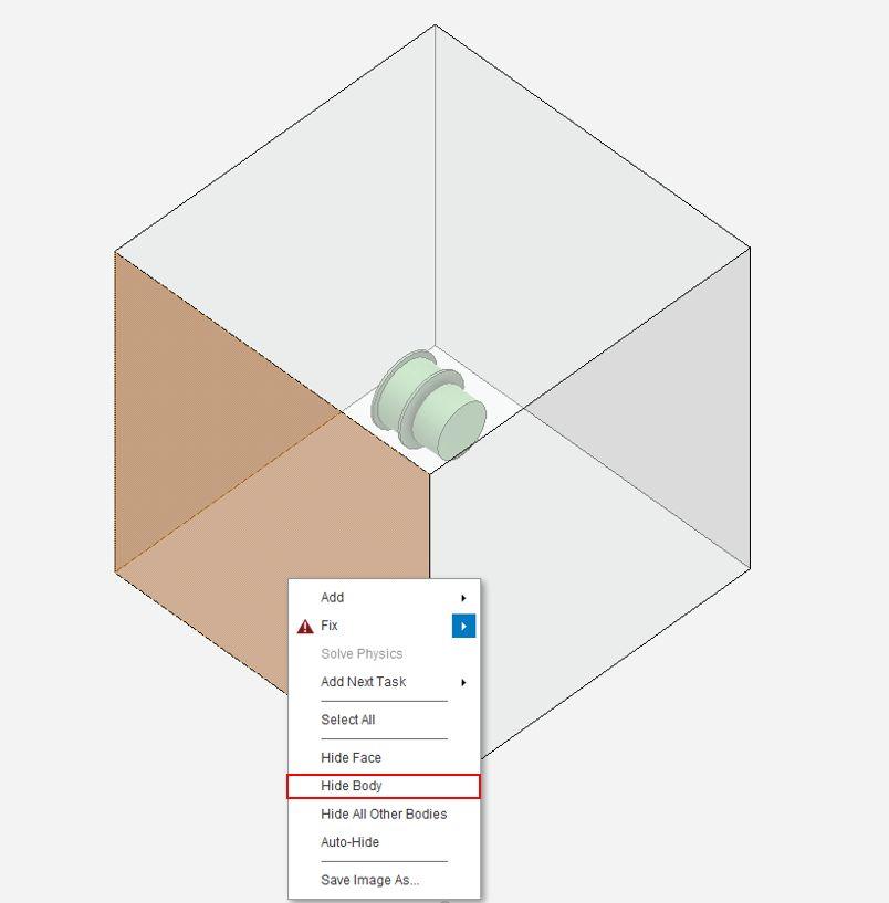 Physics Set-Up AIM will automatically create an enclosure around the geometry. In order to see the inside geometry click on Physics > click on the box > right click on the box > Hide Body.