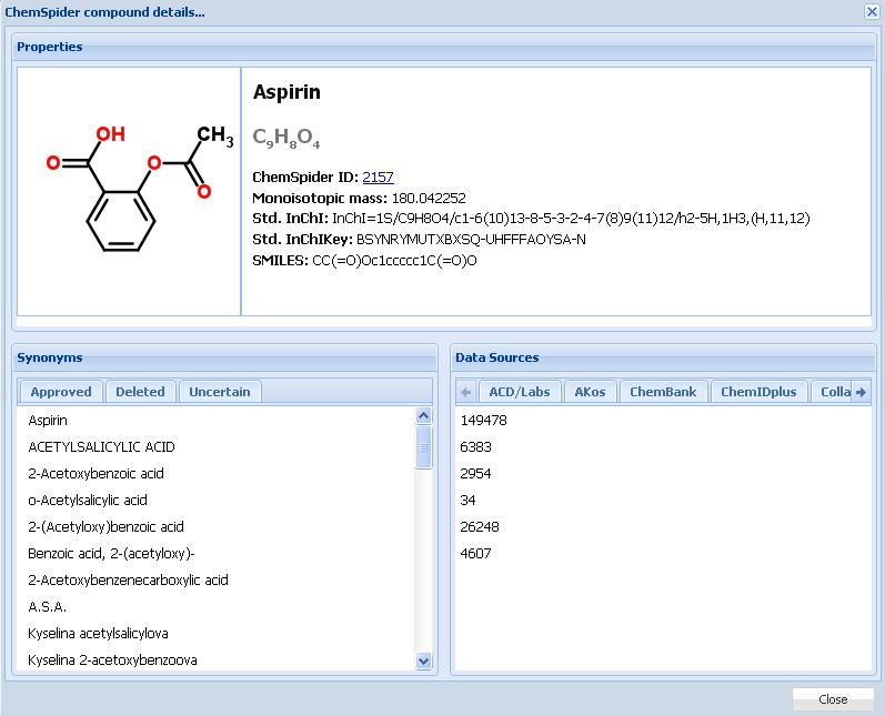 This opens a widget within OPS Explorer with compound details retrieved from ChemSpider: Further