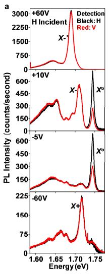 Figure 6: Polarization resolved photoluminescence of Tungsten Diselenide at various gate voltages.
